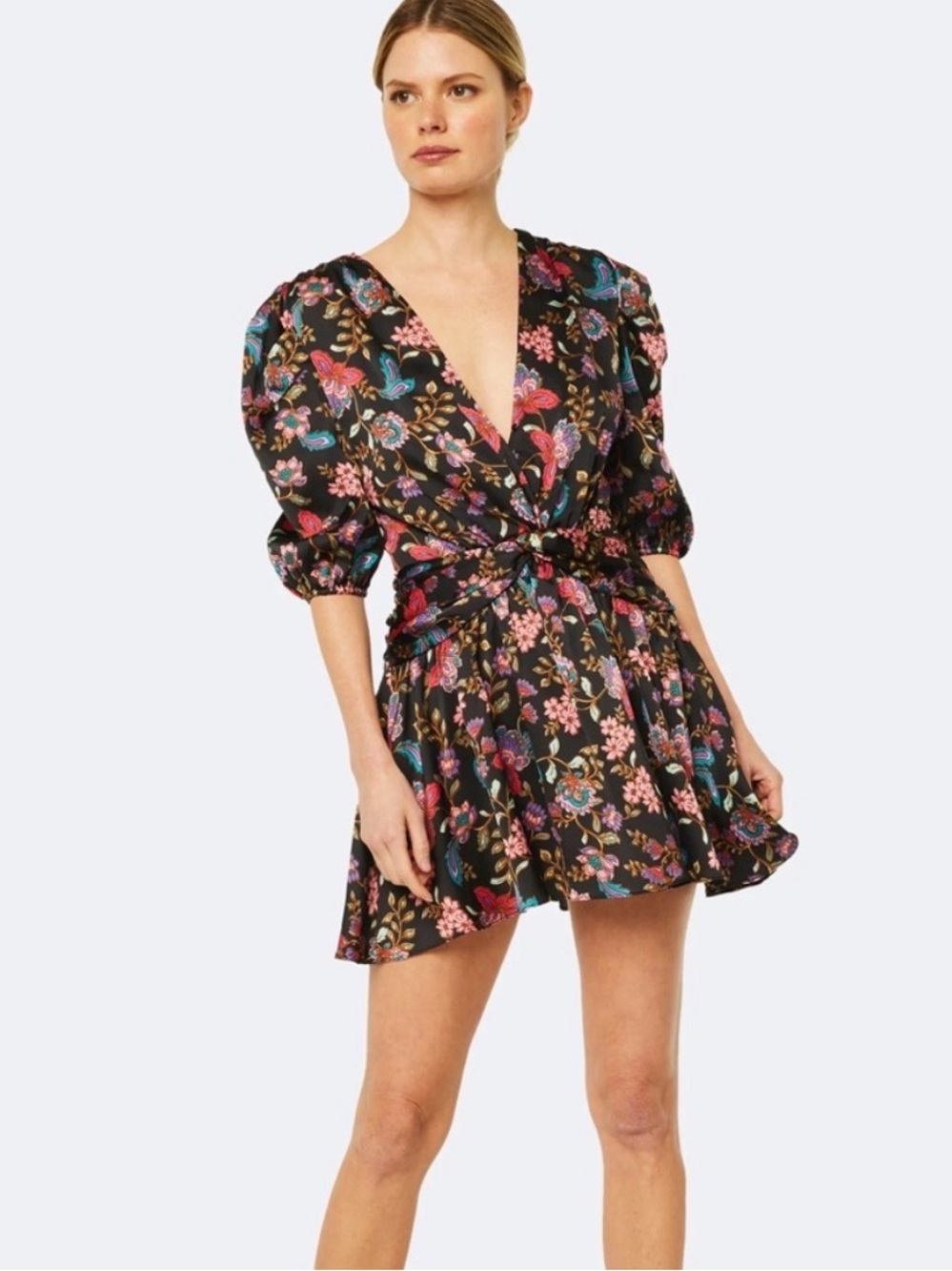 MISA Los Angeles Floral V-Neck Puff Sleeve Mini Dress - Black Floral